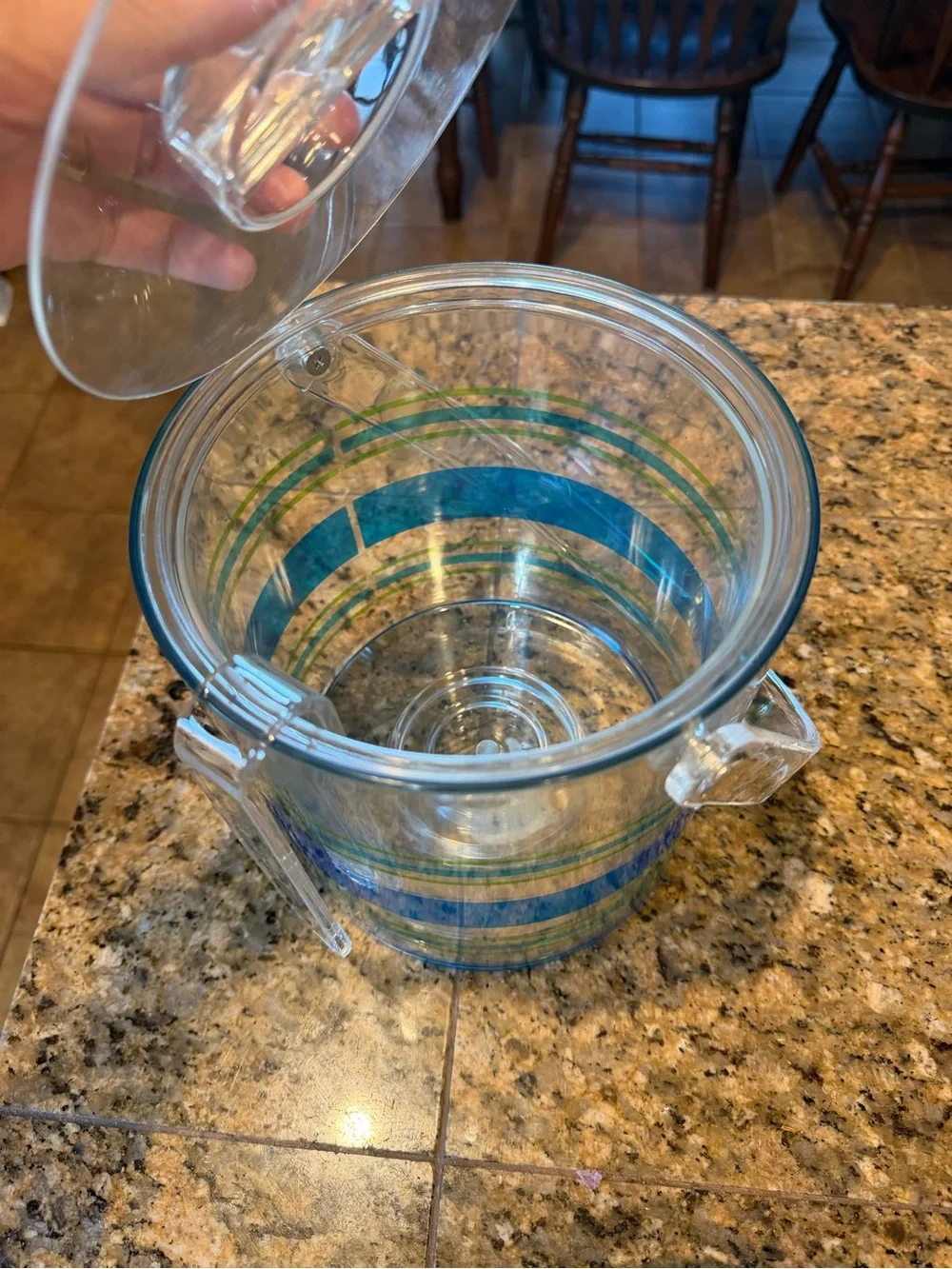 Clear Plastic Ice Bucket with Blue and Green Stripes - cups included